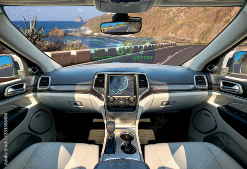 The vision of autonomous, luxurious interior SUV.Futuristic car cockpit. Autonomous car. Driverless vehicle. photo