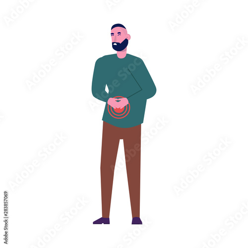 Abdominal pain. Young man feel pain in the stomach. Flat style vector illustration.