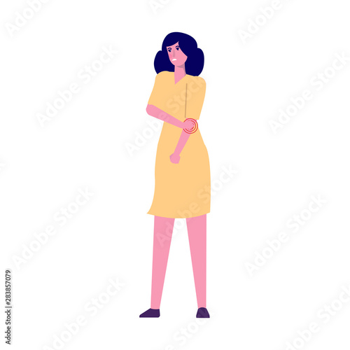 Elbow pain. Young woman with Arm Joint problem. Flat style vector illustration.
