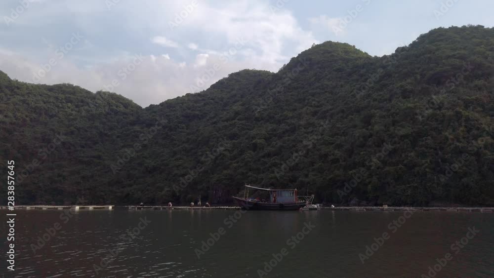 Panoramic panning of fishing bamboo pier and fisherman working, traditional wooden boats in Halong Bay, Typical vietnamese dock on emerald water, background with green lush jungle on limestone. Panoramic panning of fishing bamboo pier and fisherman working, traditional wooden boats in Halong Bay, Typical vietnamese dock on emerald water, background with green lush jungle on limestone.