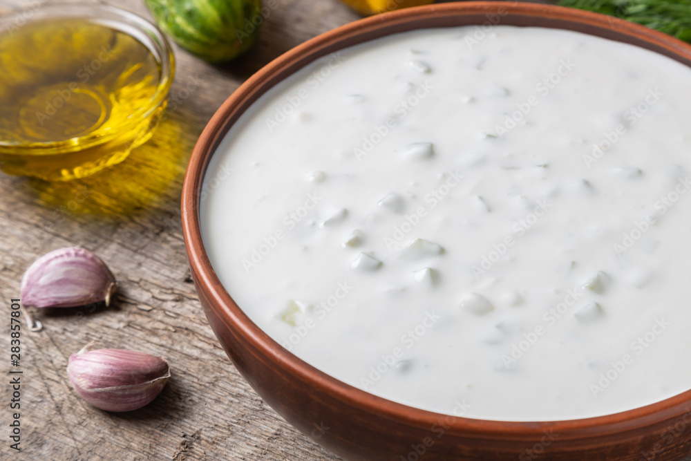 Tzatziki sauce made of yogurt, cucumbers, garlic and olive oil. National Greek cuisine. Tzatziki sauce made of yogurt, cucumbers, garlic and olive oil. National Greek cuisine.