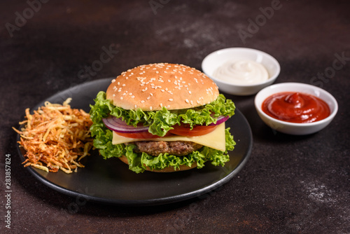Tasty grilled homemade burger with beef, tomato, cheese, cucumber and lettuce. Delicious grilled burgers. Craft beef burger and french fries on wooden table.