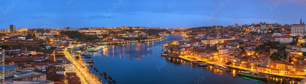 Porto Portugal night panorama city skyline at Porto Ribeira and Douro River
