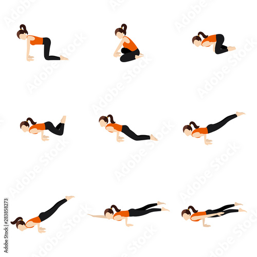 Peacock sequence yoga poses set/ Illustration stylized woman practicing yoga postures mayurasana variations