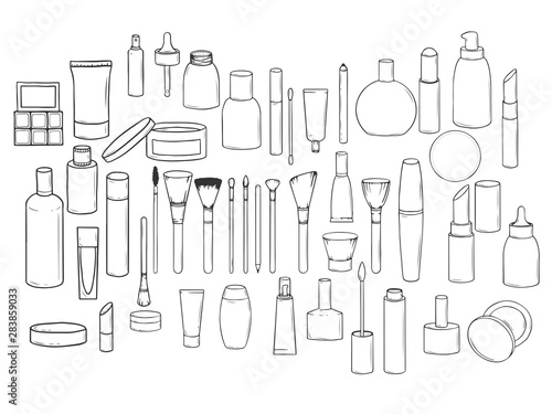 Set of hand-drawn cosmetics isolated on a white background. Collection of jars, tubes and bottles in doodle style. Vector illustration