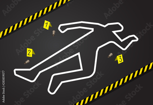 Crime scene, do not cross police tape. Chalk outline from the murder