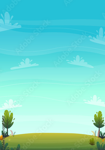 green grass meadow at park or forest trees and bushes flowers scenery background   nature lawn ecology peace vector illustration of forest nature happy funny cartoon style landscape