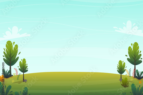 green grass meadow at park or forest trees and bushes flowers scenery background , nature lawn ecology peace vector illustration of forest nature happy funny cartoon style landscape