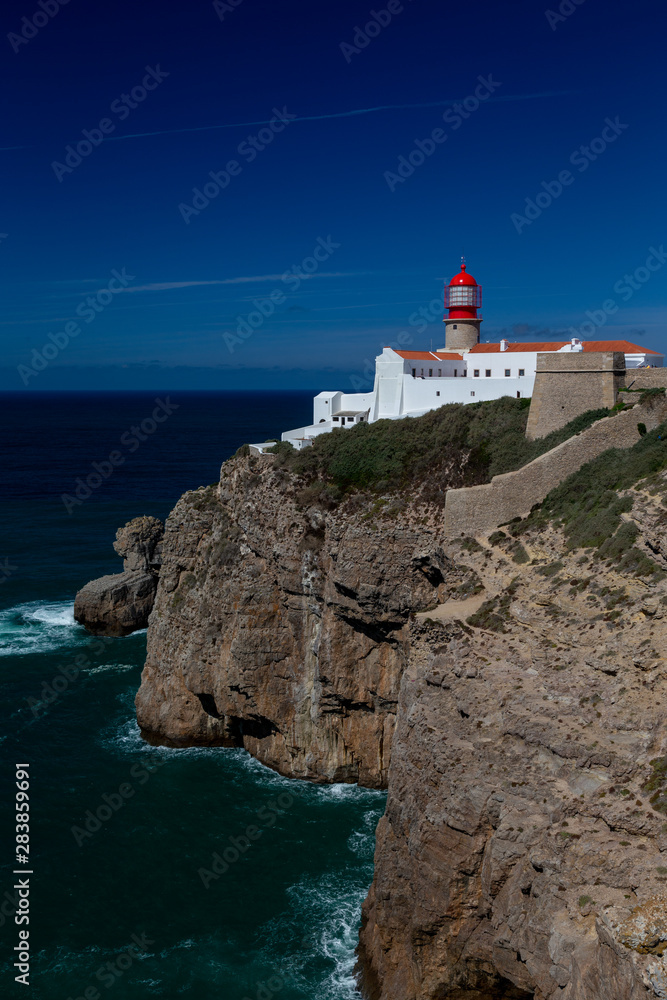 The Lighthouse at Cape St. Vincent or Cabo de Sao Vicente, the southwesternmost point of mainland Europe in Portugal.