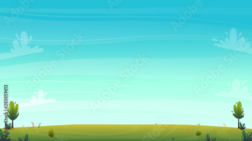 green grass meadow at park or forest trees and bushes flowers scenery background , nature lawn ecology peace vector illustration of forest nature happy funny cartoon style landscape