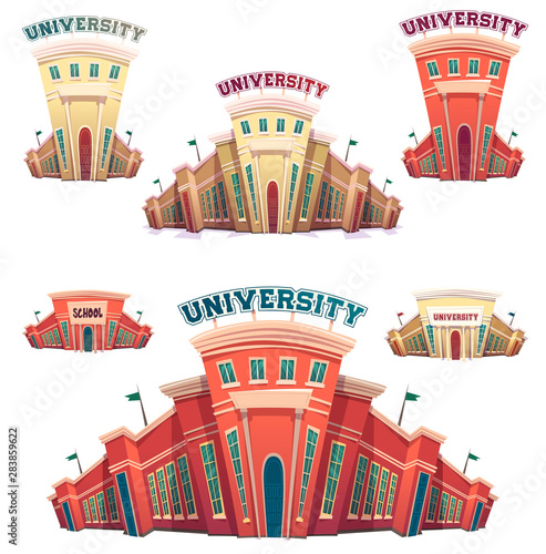 school university college building set. day of knowledge funny cartoon background , education concept in happy colours isolated on white . high school comic style vector illustration 