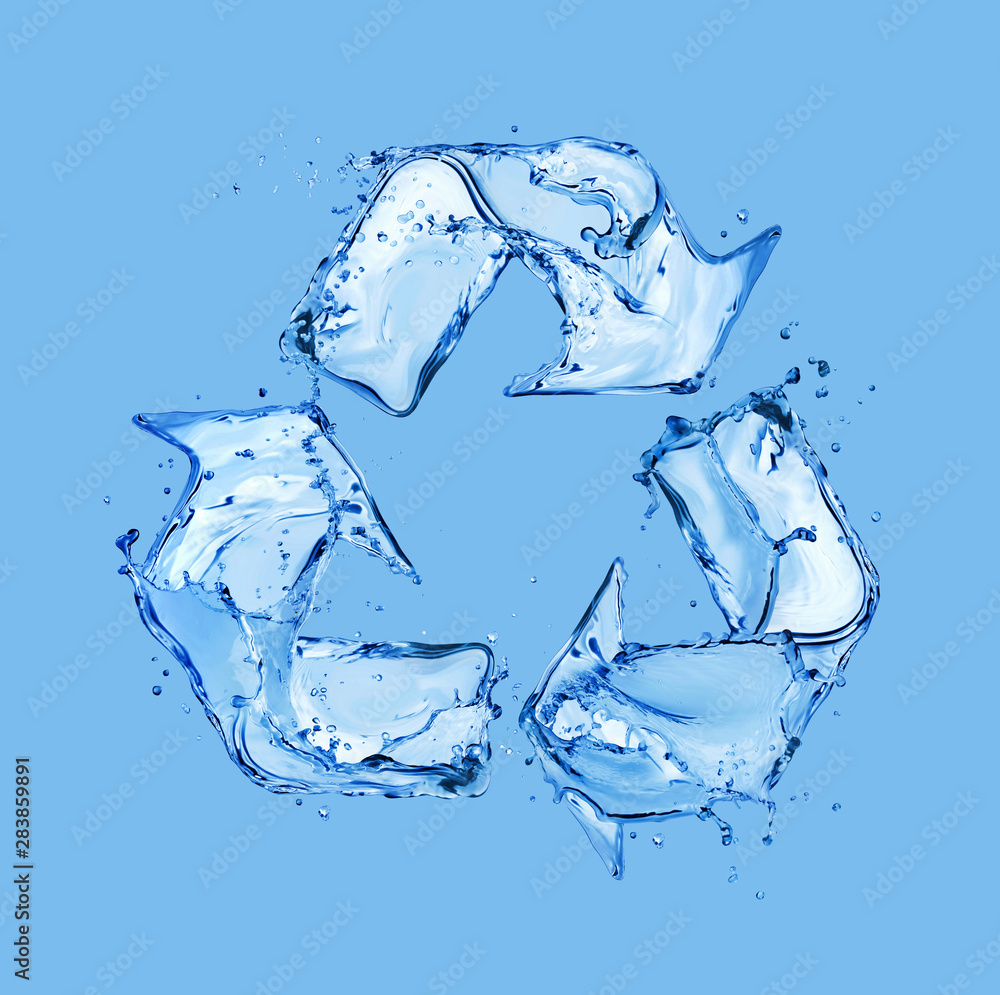 Recycling sign made of water splashes on blue background Recycling sign made of water splashes on blue background