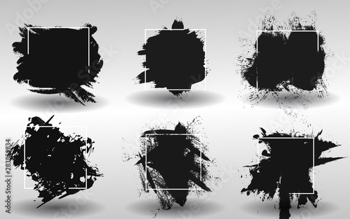 Abstract background set grunge texture. Brush shape black paint ink color with stroke over square frame