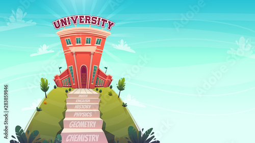 education concept , classes step stairs tu knowledge university , ladder with text math chemistry path to good job graduation . vector catroon funny flat style illustration