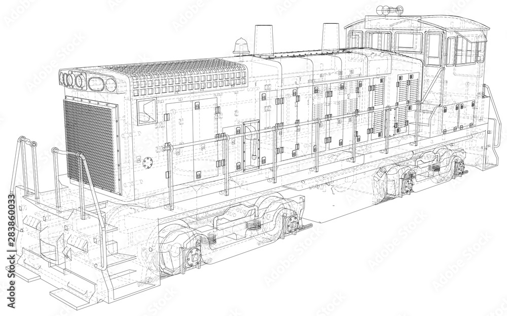 Locomotive wire-frame. Vector illustration. Tracing illustration of 3d.