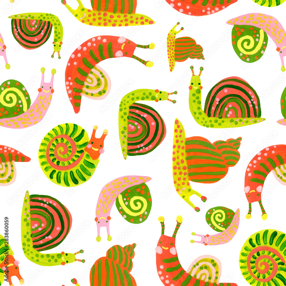 Hand painted watercolor snail seamless pattern in bright colors