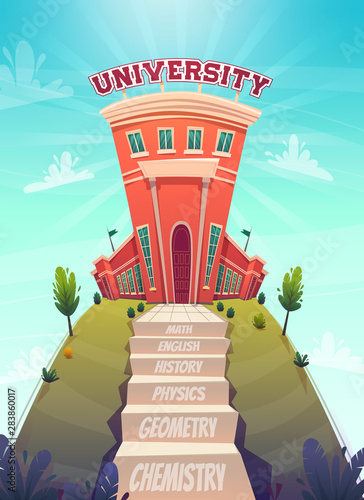 education concept , classes step stairs tu knowledge university , ladder with text math chemistry path to good job graduation . vector catroon funny flat style illustration