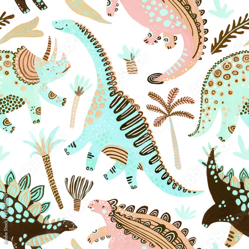 Cute cartoon dinosaurs seamless pattern in scandinavian style