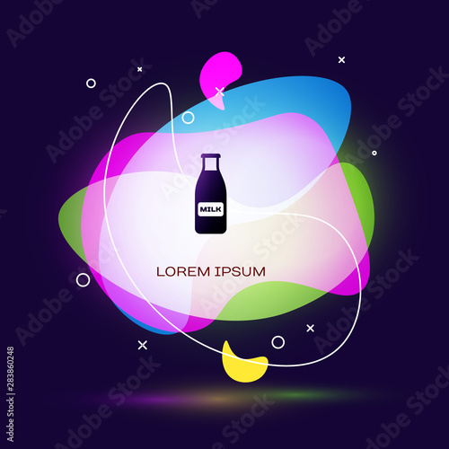 Black Closed glass bottle with milk and cap icon isolated on dark blue background. Abstract banner with liquid shapes. Vector Illustration