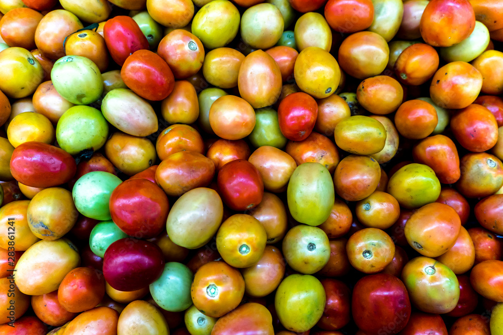 Close up Background of Fresh colorful Tomato and No pesticide residue in The organic market. Close up Background of Fresh colorful Tomato and No pesticide residue in The organic market.