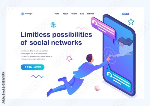 Isometric concept Unlimited possibilities of social networks, a young girl communicates with a young man via the Internet. Online Dating. Landing page template for the site