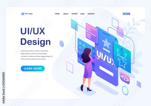 Isometric concept a young woman creates a custom design for a mobile application, Ui UX design. Landing page template for the site