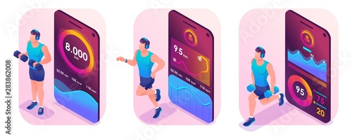 Isometric set of concepts on the mobile application tracking athlete training, while running, during strength training