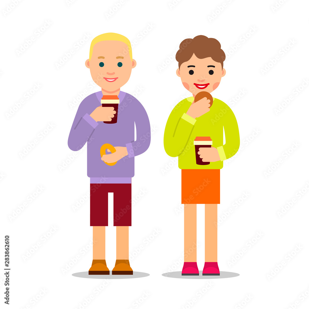 Happy people drinking coffee and eat cookies. Young man and woman standing and holding coffee cups and pastry. Couple having breakfast. Cartoon illustration isolated on white background in flat style