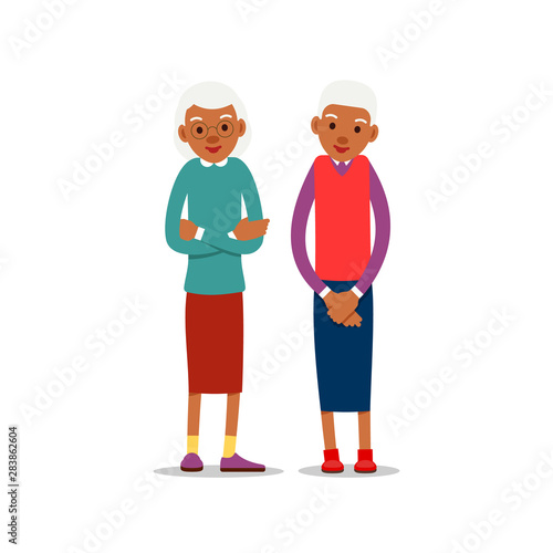 Two old african women, design for any purposes. Senior couple smiling. Retirement age. Happy attractive lifestyle. Female symbol. Cartoon illustration isolated on white background in flat style