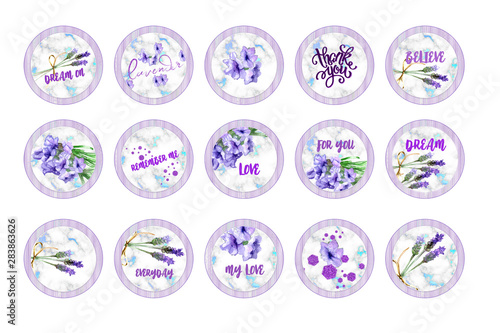 Tags for scrapbook. Watercolor drawings with lavender flowers. Lettering. Elements for design-2