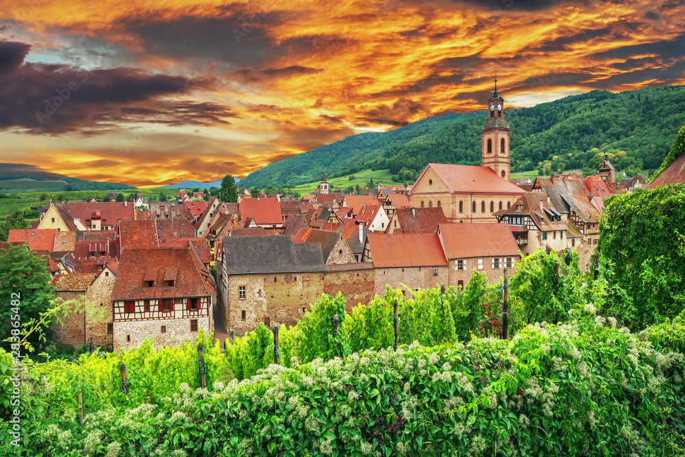 Riquewihr town in Alsace wine region, France