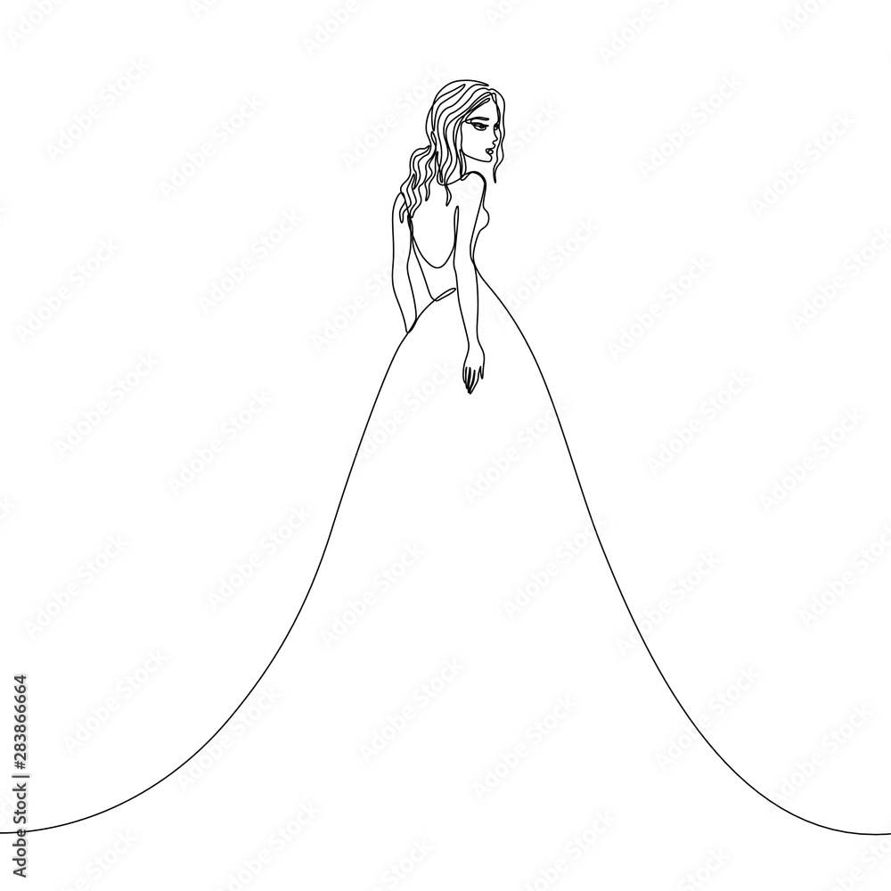 Beautiful fashion woman a single line on a white background, girl in long dress continuous line drawing, fashion logo, isolated black and white vector illustration on white background Beautiful fashion woman a single line on a white background, girl in long dress continuous line drawing, fashion logo, isolated black and white vector illustration on white background