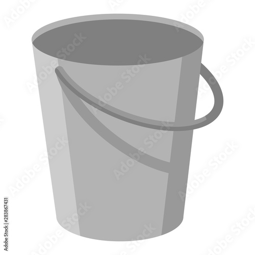 Gray metal empty bucket with a handle. Isolated white background. A bucketful for washing food, water and drink. Household chores pail. Vector flat cartoon illustration