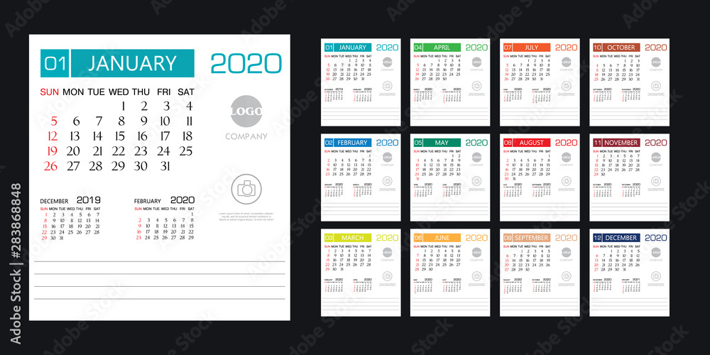 Calendar 2020 template creative design , cover design, Set of 12 Months, Week starts Sunday, Calendar 2020 template creative design , cover design, Set of 12 Months, Week starts Sunday,
