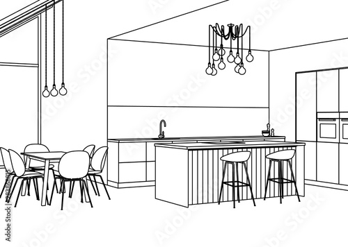 Modern house interior. Linear sketch of the interior. 3D rendering.