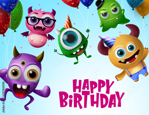 Happy birthday with monster characters vector design. Happy birthday text in flying little monsters creature with colorful balloons and wearing party hats in blue background. Vector Illustration.