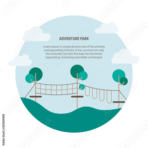 Round poster of rope park. Vector illustration of child tourism, adventure, travel