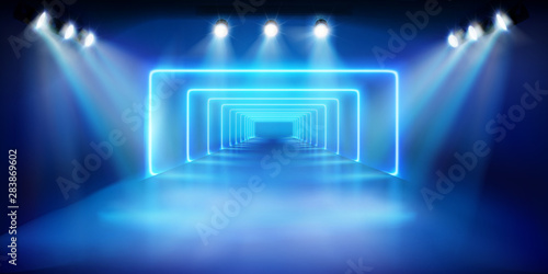 Light show on stage. Blue background. Fashion runway. Vector illustration.
