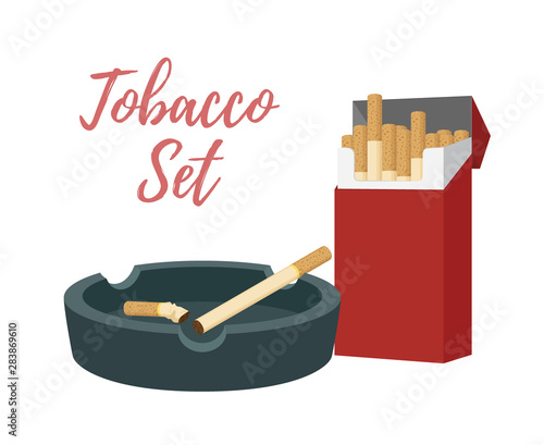 Vector smoking set - cigarette pack with ashtray