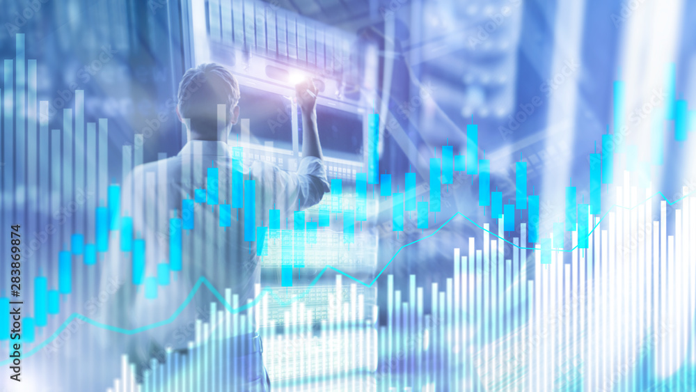 Stock trading candlestick chart and diagrams on blurred office center background. Stock trading candlestick chart and diagrams on blurred office center background.