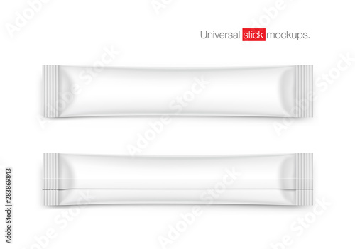 Realistic stick pack for products of the food and cosmetic industry on white background.  Possibility use for granulated, powder products. Coffee, 3 in 1, sugar, Vector illustration. EPS10.