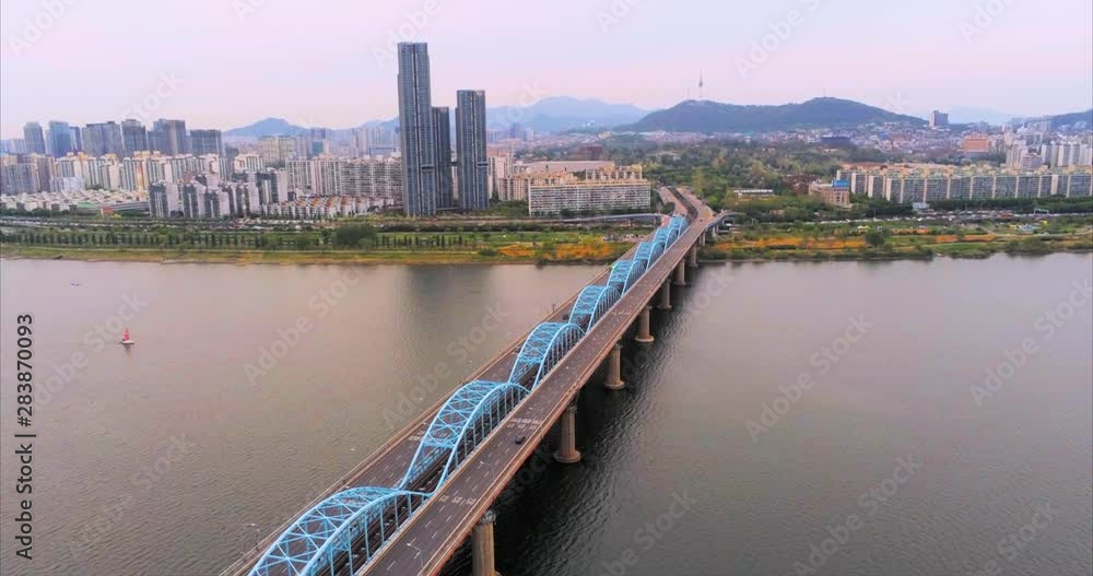 Gorgeous Overview of Seoul, Korea by the River on a Drone Gorgeous Overview of Seoul, Korea by the River on a Drone