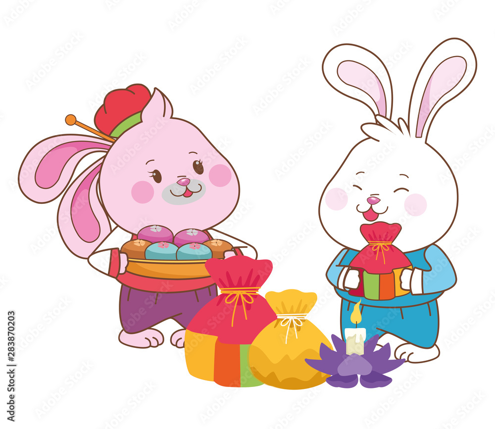 Fototapeta premium Mid autumn rabbits couple eating food cartoon