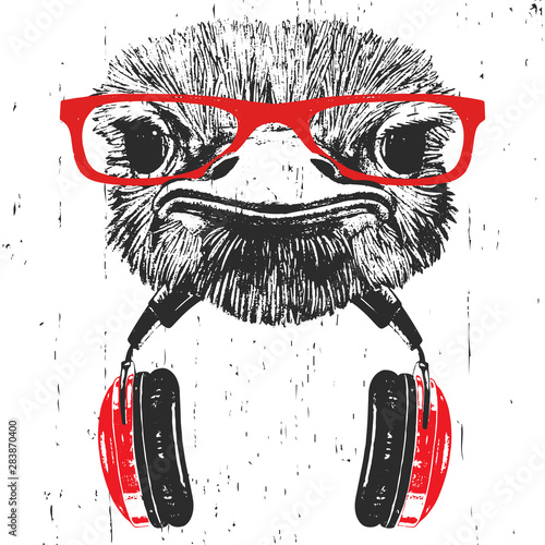 Portrait of Ostrich with glasses and headphones. Hand-drawn illustration. T-shirt design. Vector
