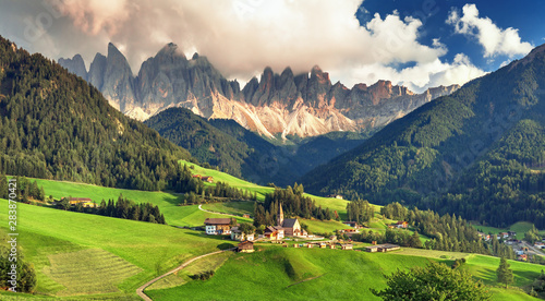 Famous alpine place  Santa Maddalena village with magical Dolomites mountains in background  Val di Funes valley  Trentino Alto Adige region  Italy