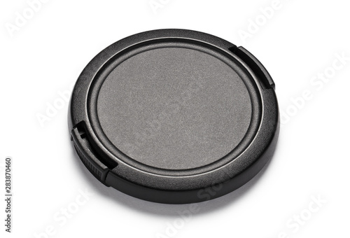 Black camera lens cap, isolated on white background