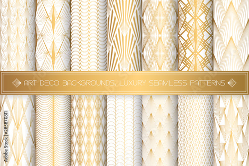 Art Deco Patterns. Seamless white and gold backgrounds