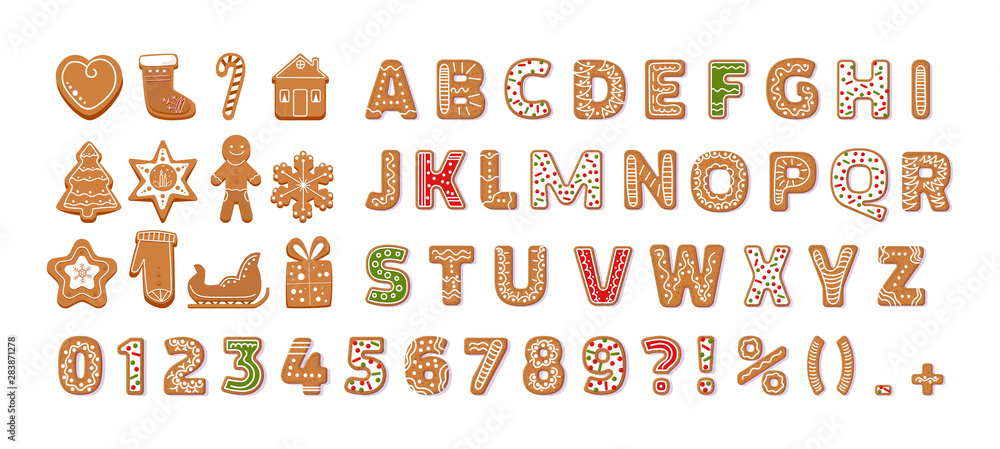 Gingerbread holidays cookies font alphabet vector cartoon illustration - obrazy, fototapety, plakaty 