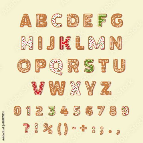 Gingerbread holidays cookies font alphabet, Christmas or New Year cookies winter food. Figures decorated glazed sugar, arabic number and sign. Full english ABC vector cartoon illustration isolated