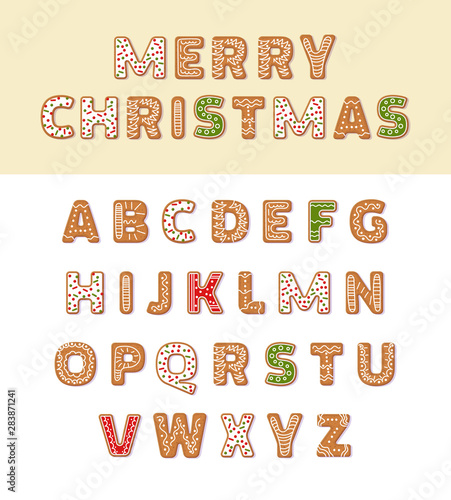 Gingerbread holidays cookies font alphabet, Merry Christmas or New Year cookies winter food. Figures decorated glaze sugar, arabic number and sign. Full english ABC vector